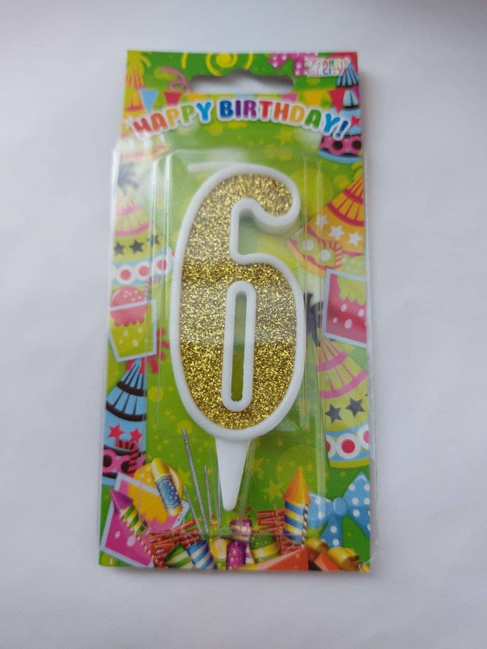 

Свічка цифра в торт "6" Happy Birthday, в білій окантовці, 7см.