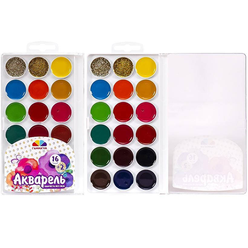 

Акварель 16+2 кольорів зол, сріб Творчість "Гамма" б/п пластик 17*10см