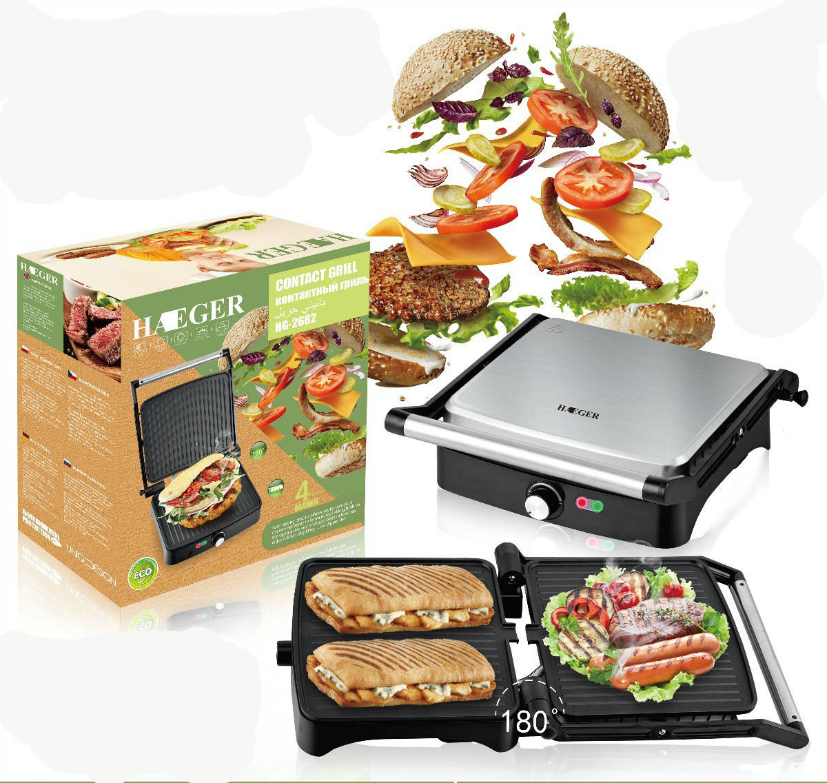 

Контактный гриль Haeger Мощность 1800 Ватт, открытие 180 градусов Стальной