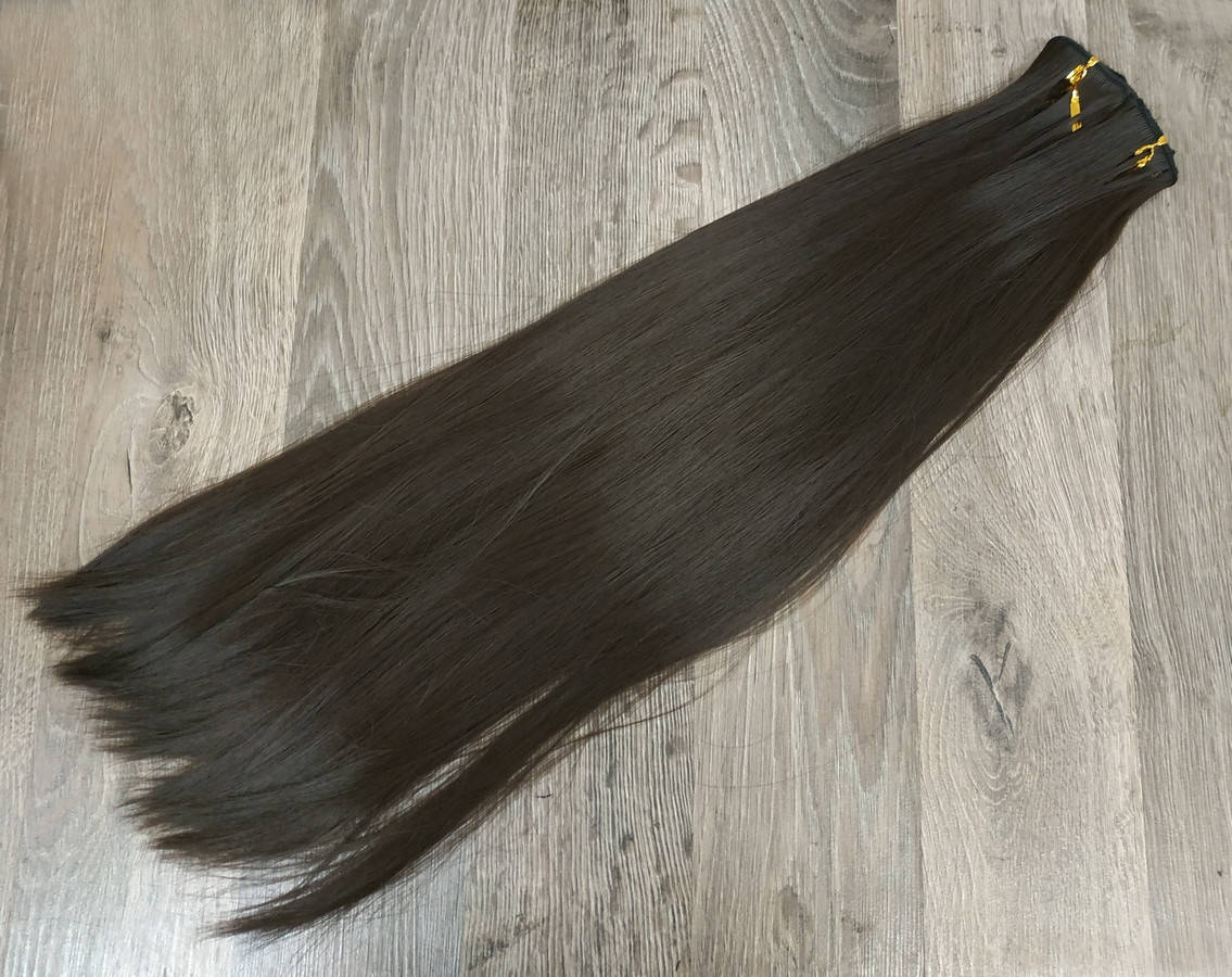 

Волосы на заколках каштановый №4 Трессы ровные прямые темно-коричневые термостойкие набор 6 прядей на клипсах