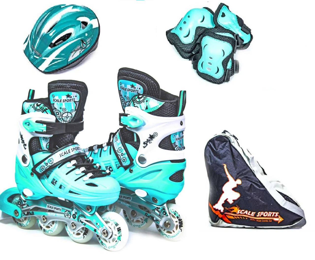 

Набор детских роликов для девочки с защитой и шлемом мятного цвета, размер 29-33\34-38