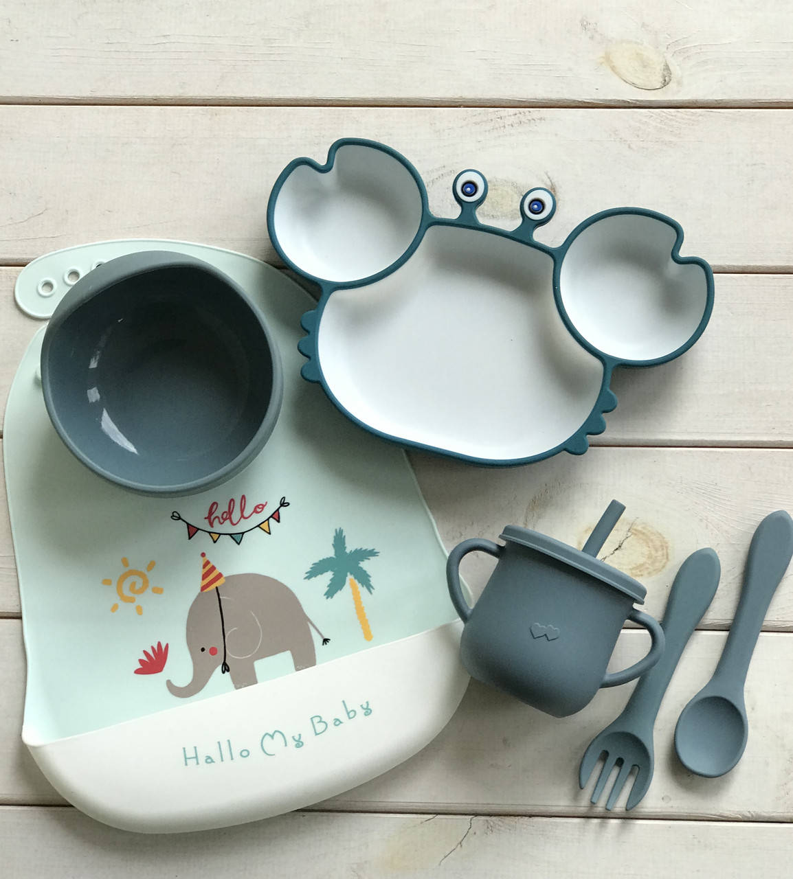 

Набор детской силиконовой посуды для кормления Краб силиконовый поильник, слюнявчик, тарелочка на присоске, Желтый