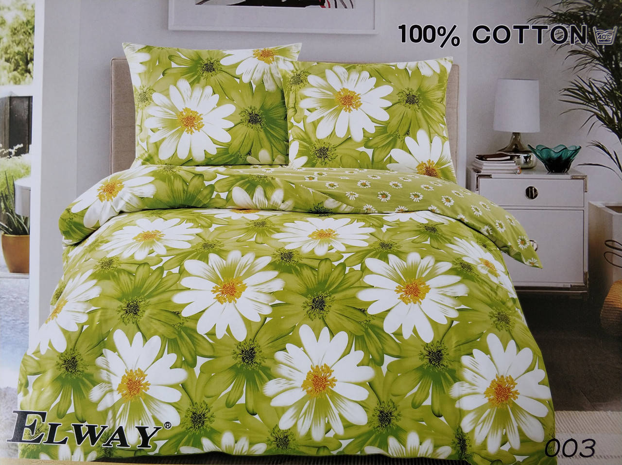 

Сатиновое постельное белье евро ELWAY 003 «Ромашки», Салатовый