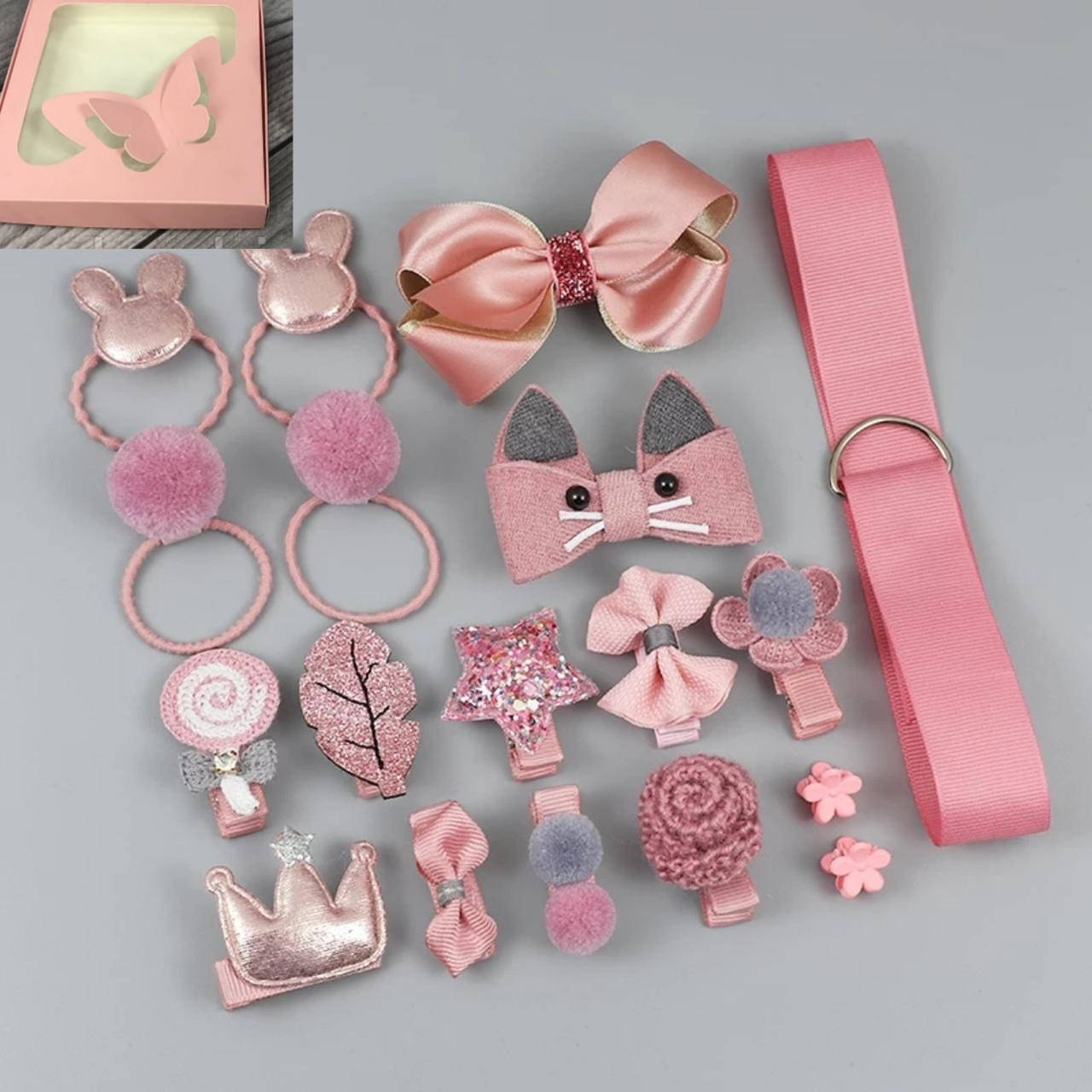 

Набор украшений для волос в подарочной упаковке. Подарочний набор резинок и заколок на 18 шт., Розовый