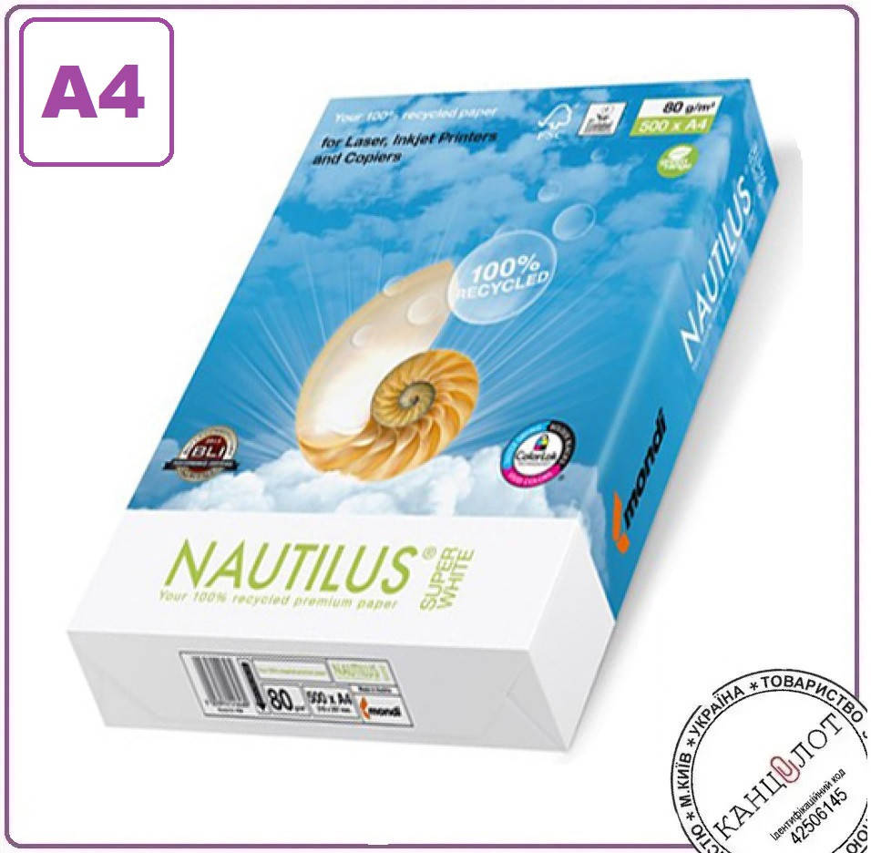 

Бумага офисная NAUTILUS SUPER WHITE, формат А4, класс - "А"., Белый