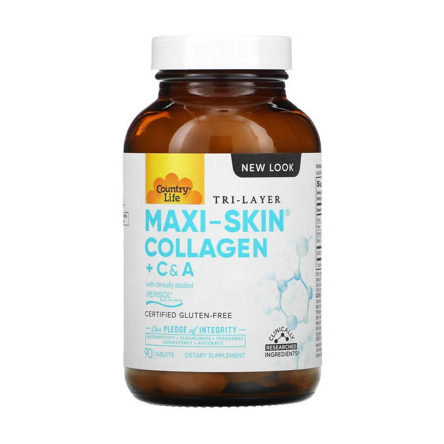 

Натуральная добавка Country Life Maxi-Skin Collagen + C & A, 90 таблеток