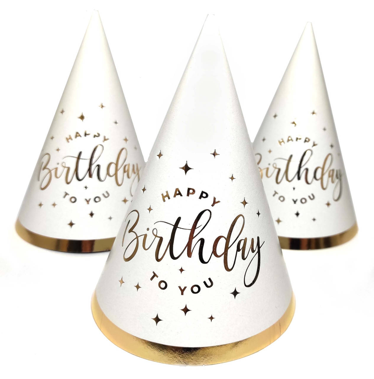 

Колпак праздничный 15 см "HappyBirthday" золото на белом