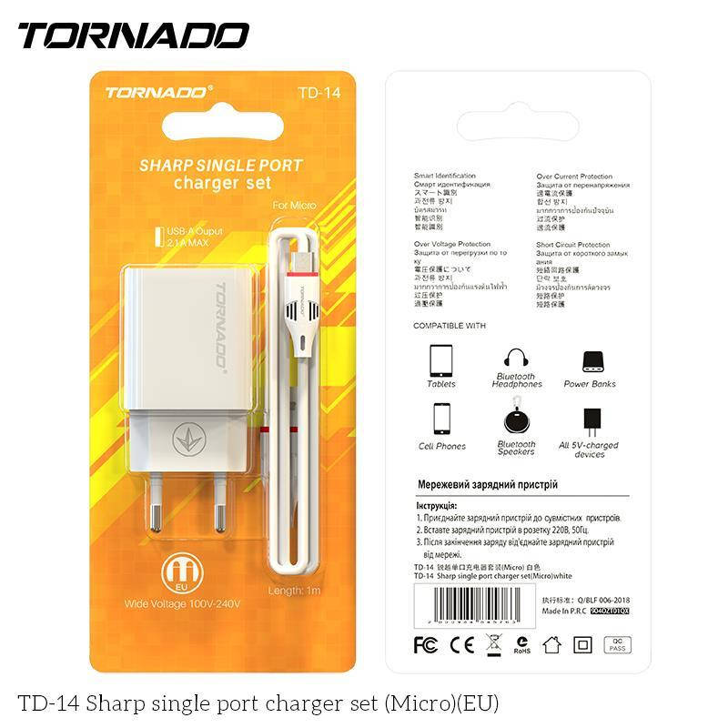 

Сетевое зарядное устройство Tornado TD-14 (1USB micro 2in1) (white), Белый