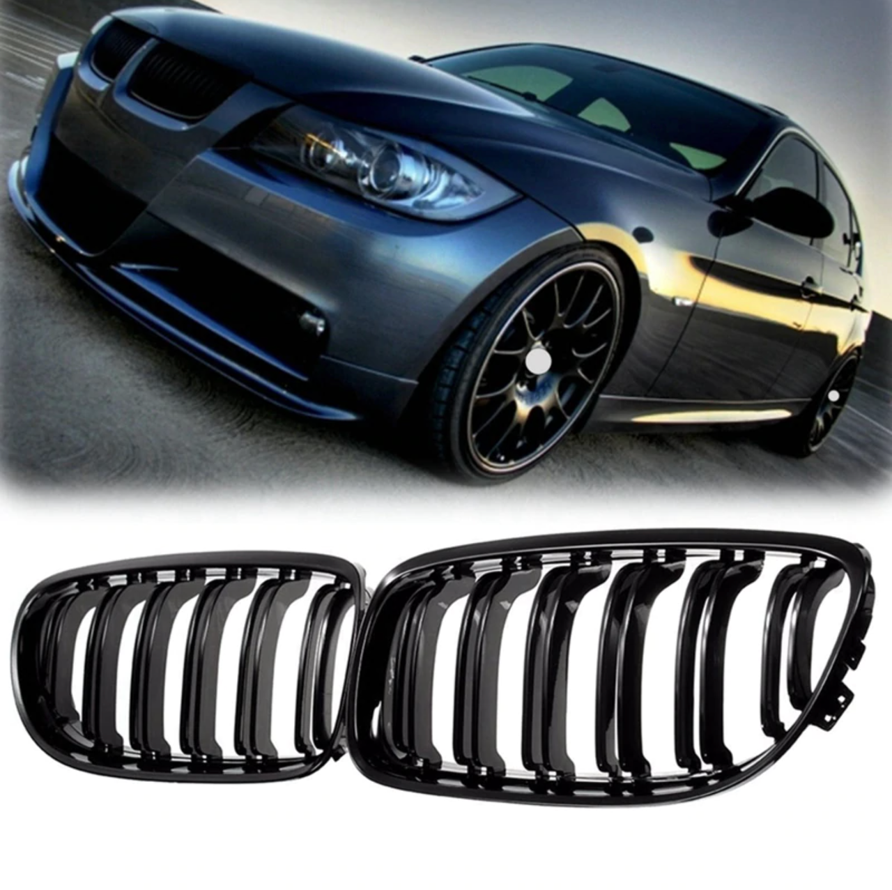 

Решетка радиатора BMW (БМВ) 3 series Е90 Е91 LCI Глянец 2-х реберная, Черный