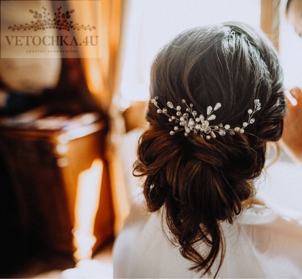 

Свадебный гребень-веточка в прическу невесты айвори, Белый