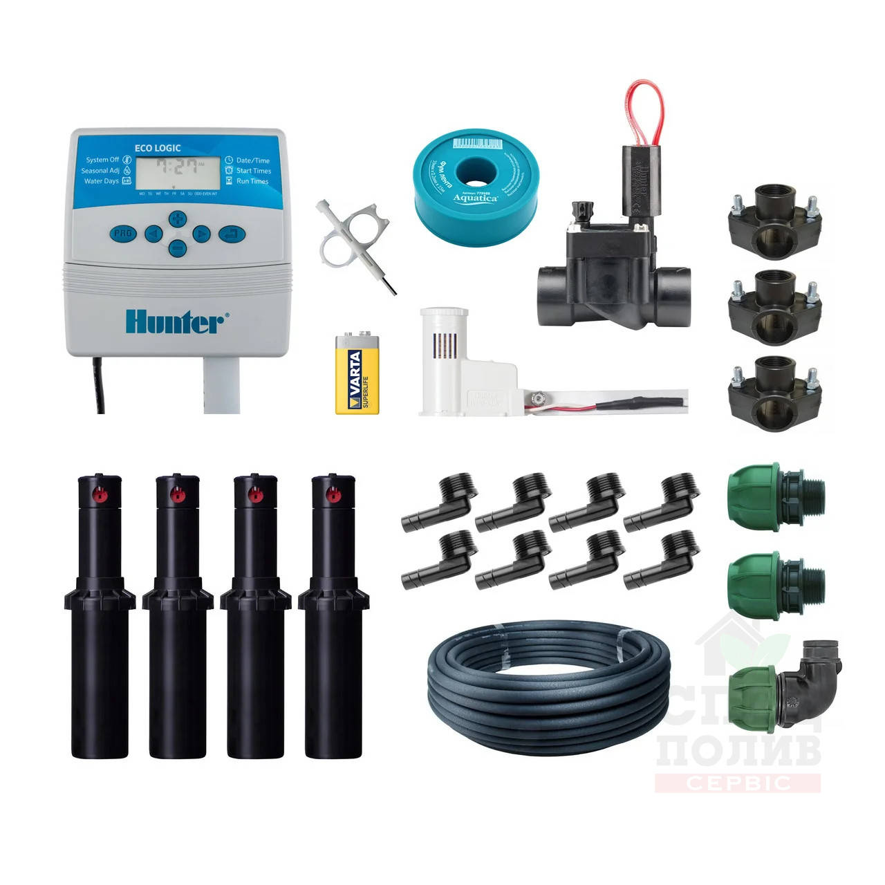 

Автополив газона, комплект для участка 1 сотка, 10х10 м, расход воды 1,3 м.куб/час, давление 3 бар, 1 зона