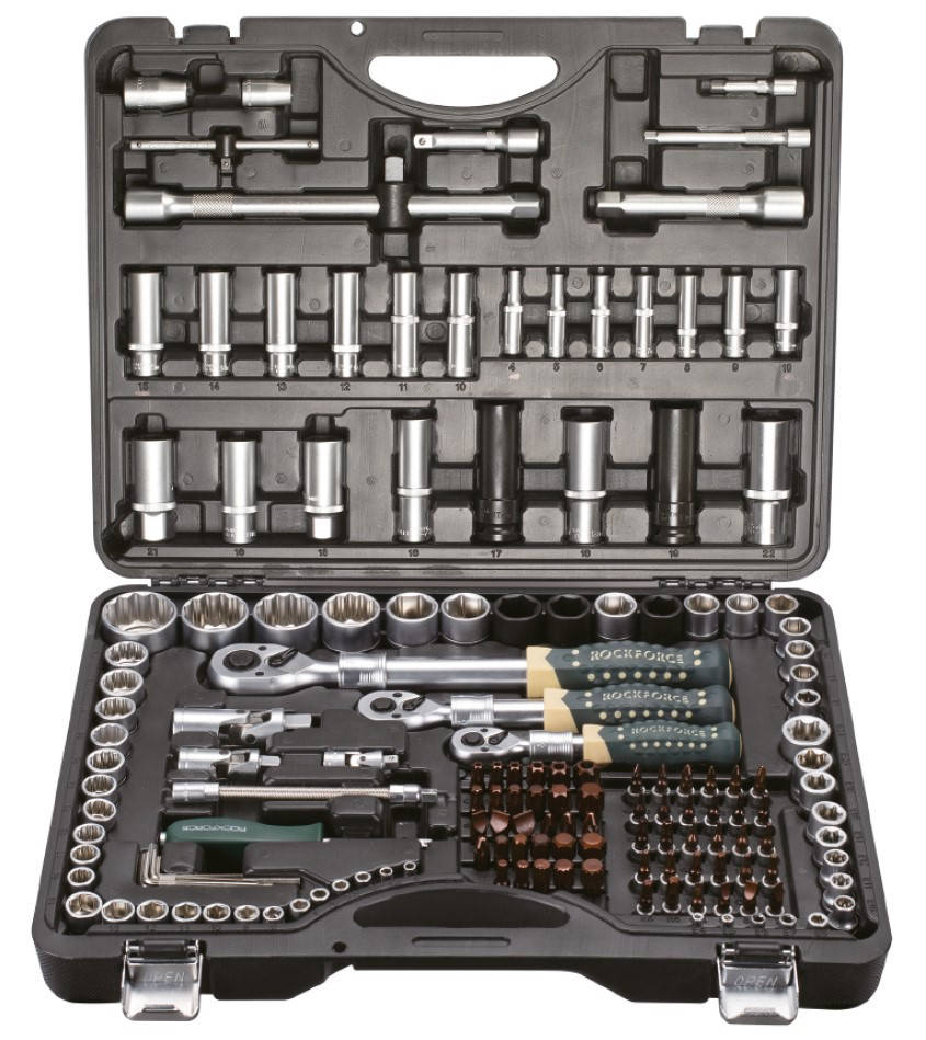 

Набор инструмента 150+6 предметов 1/4" 3/8" 1/2"(6-гр.)(4-36мм; 3/8":10-19мм 12гр.;