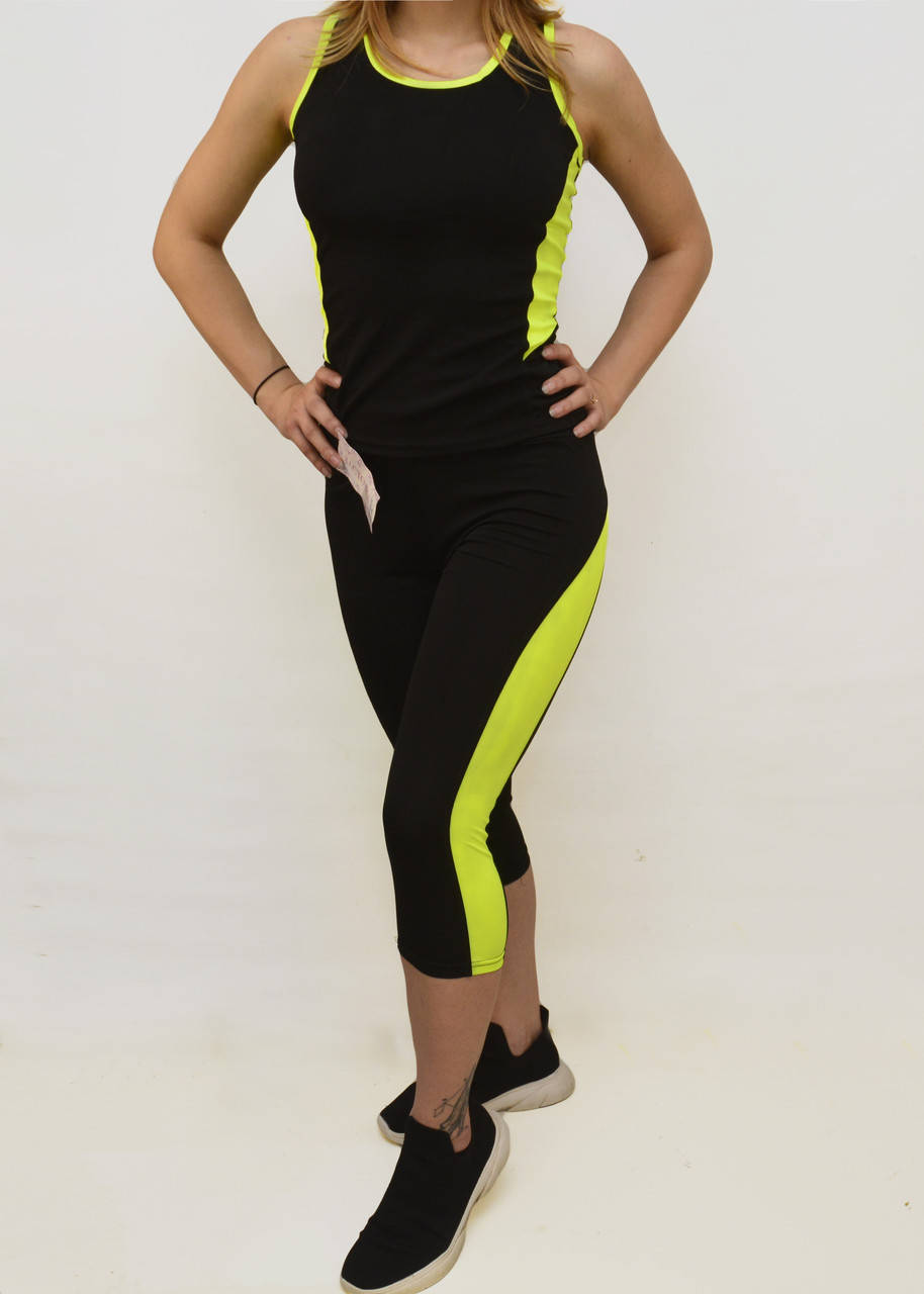 

Костюм женский для фитнеса (Майка и капри женские с яркими вставками) Ласточка S/M Салатовая вставка, Черный