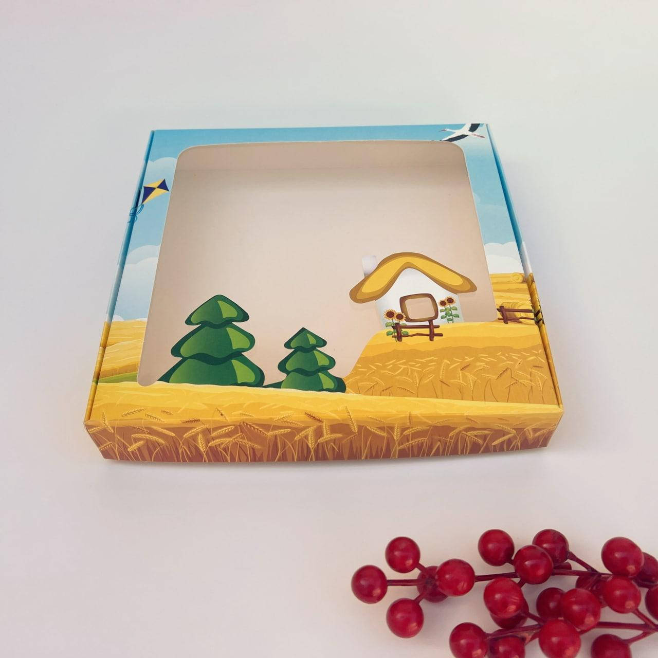 

Коробка для подарка, 200*200*30 мм, с окном, "Хатинка", Белый