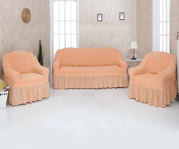 

МНОГО РАСЦВЕТОК! Набор чехлов для мягкой мебели на диван и 2 кресла с юбочкой рюшами персиковый Турция