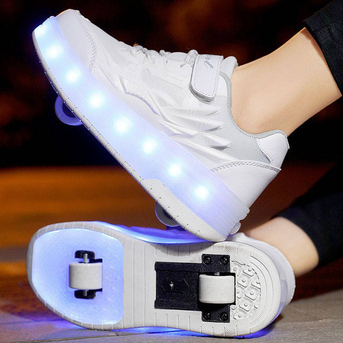 

Роликовые светящиеся кроссовки на 2 роликах, USB зарядка, в стиле heelys, белые (RKL-18)