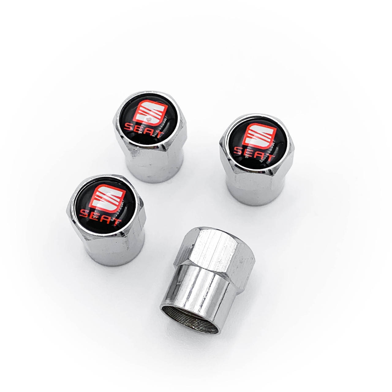 

Защитные колпачки на ниппеля SEAT (Сеат) 4 шт Красный лого Хром