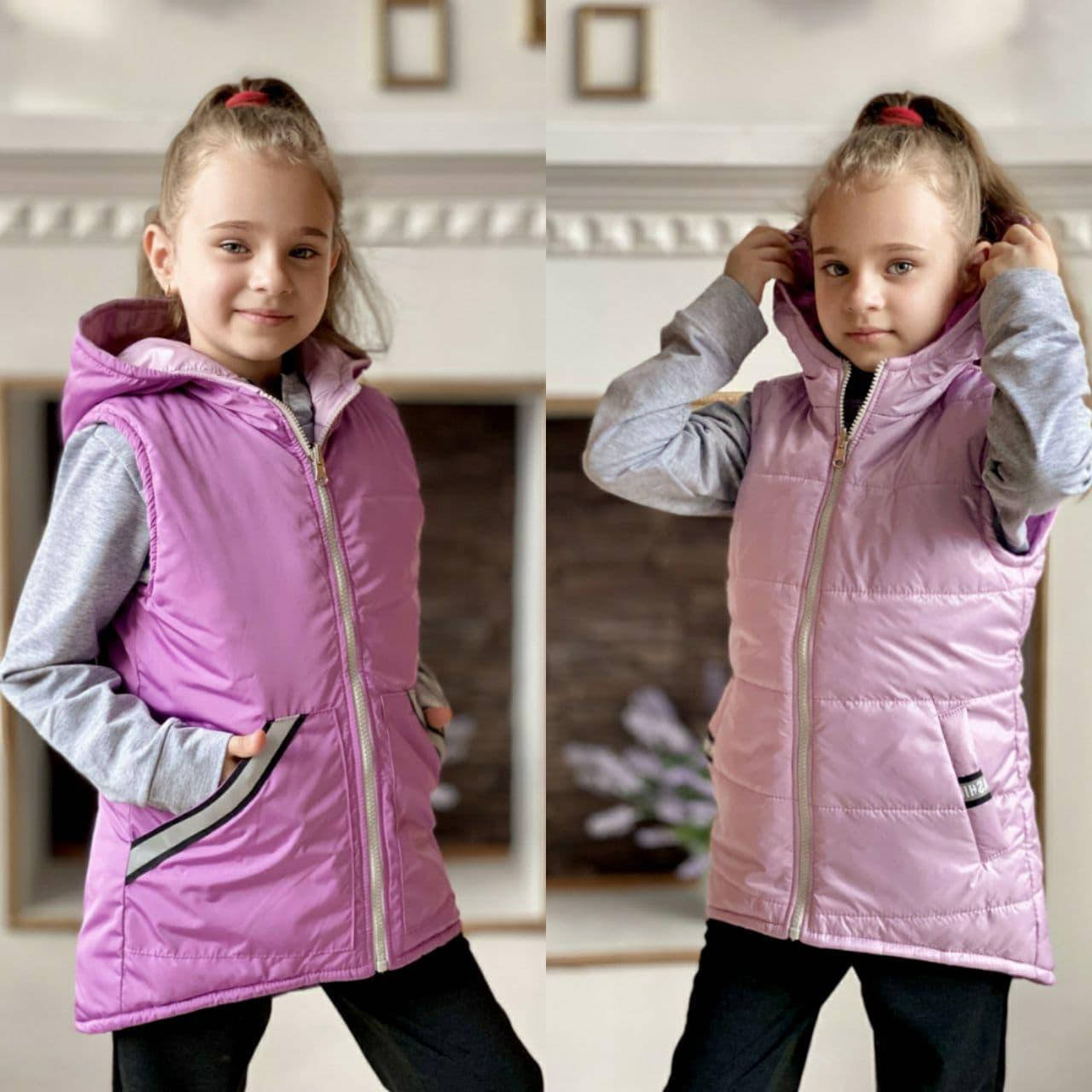 

Двухсторонние жилетки безрукавки на девочек на рост 122. 128. 134. 140. 146. 152., Сиреневый