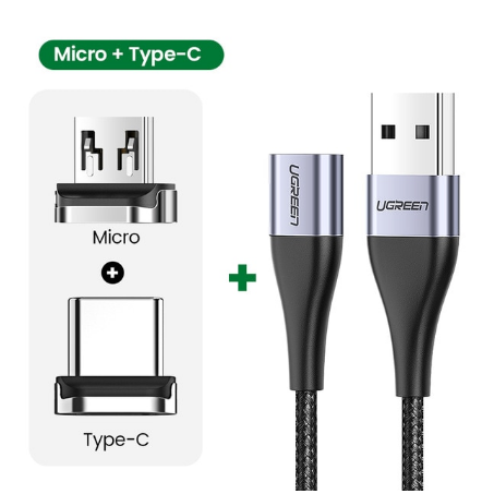 

Магнитный кабель Ugreen Type-C+ Micro USB 3A 1м, Оригінальний, Черный