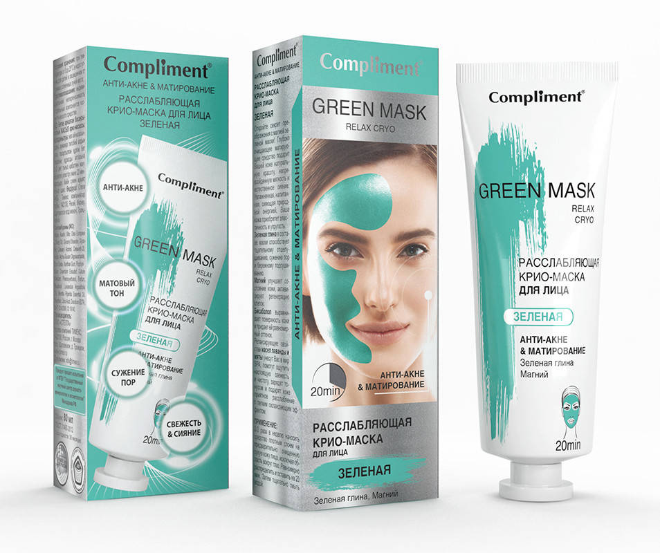

Расслабляющая крио-маска для лица с зеленой глиной Анти-Акне & Матирование Compliment 80 мл.