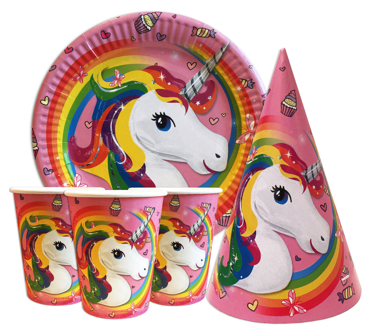 

Набор для детского дня рождения " Единорог " Тарелки -10 шт Стаканчики - 10 шт Колпачки - 10 шт