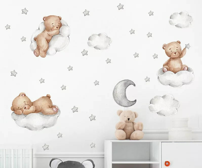 

Виниловые наклейки на стену, шкаф в детскую "мишка спят на тучках" 63см*80см (лист 30*90см), Разные цвета