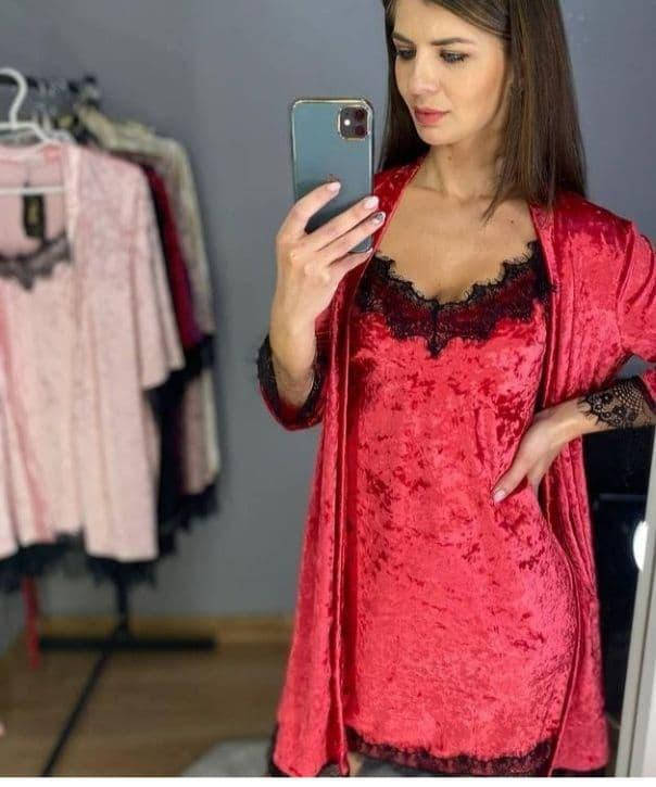 

Велюровый женский пеньюар / Домашний костюм женский / халат с ночнушкой велюровый