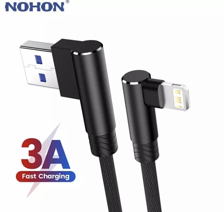 

90-градусный USB-кабель для быстрой зарядки для iPhone,Скоростной кабель USB-Lightning игровой, Черный