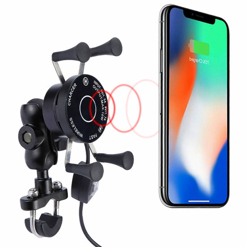 

Мото держатель телефона универсальный. Беспроводная зарядка + 2А, Черный