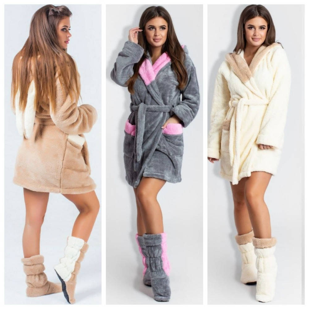 

Набор женский Зайка домашний халат с сапожками махровый размеры норма, Бежевый