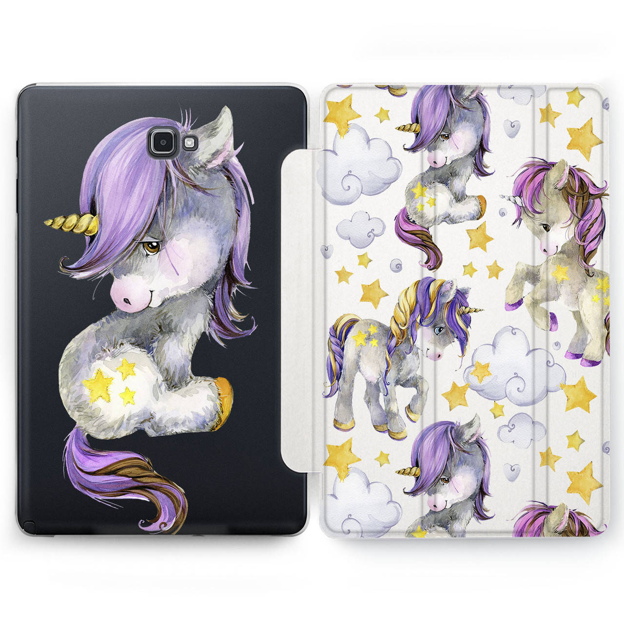 

Чехол книжка, обложка для Samsung Galaxy Tab (Фиолетовый единорог) A7/S2/S3/S4/S5e/S6Lite/S7+Plus