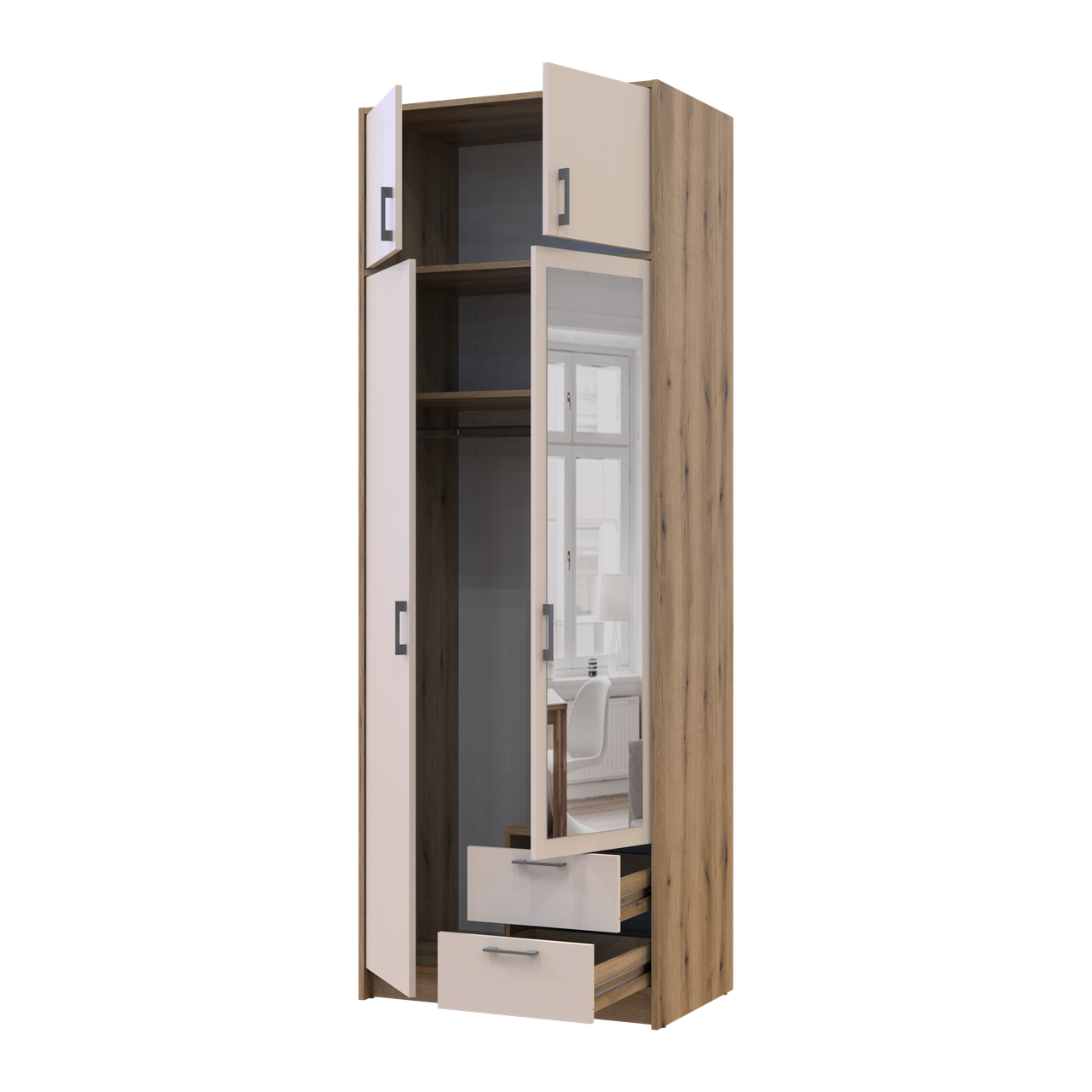 Розпашна Шафа для одягу Doros Ронді з антресолею та дзеркалом Дуб Артізан/Кашемір 2ДСП 82х52х236 (80737811) 2