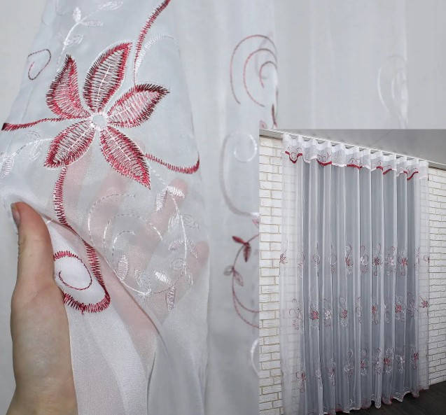 

Тюль шифонова із вишивкою. Колір білий з бордовим та рожевим, Белый