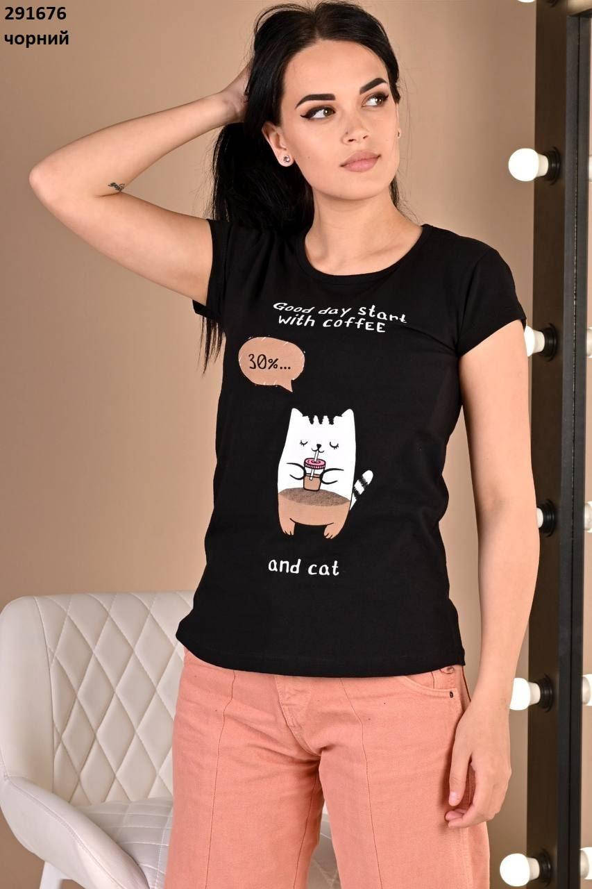 

Футболка женская с весёлым принтом Кот, Черный