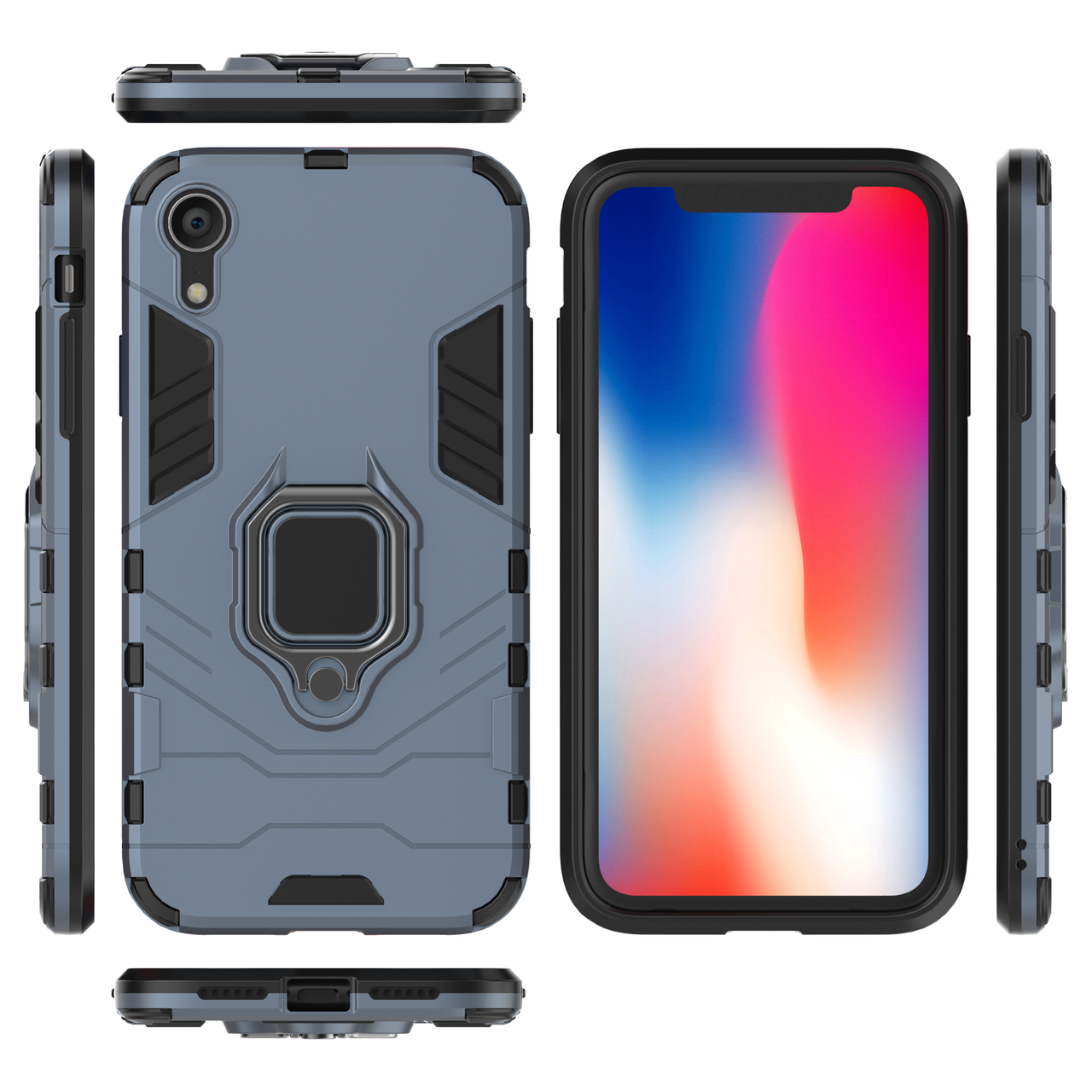 

Бронированный чехол для Apple iPhone XR с кольцом Navy Blue, Серо-голубой
