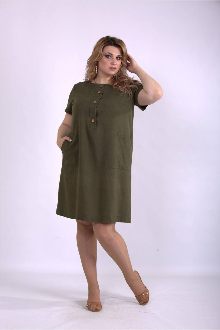 

Льняное платье летнее прямое хаки большой размер 42-74. 01153-3 56