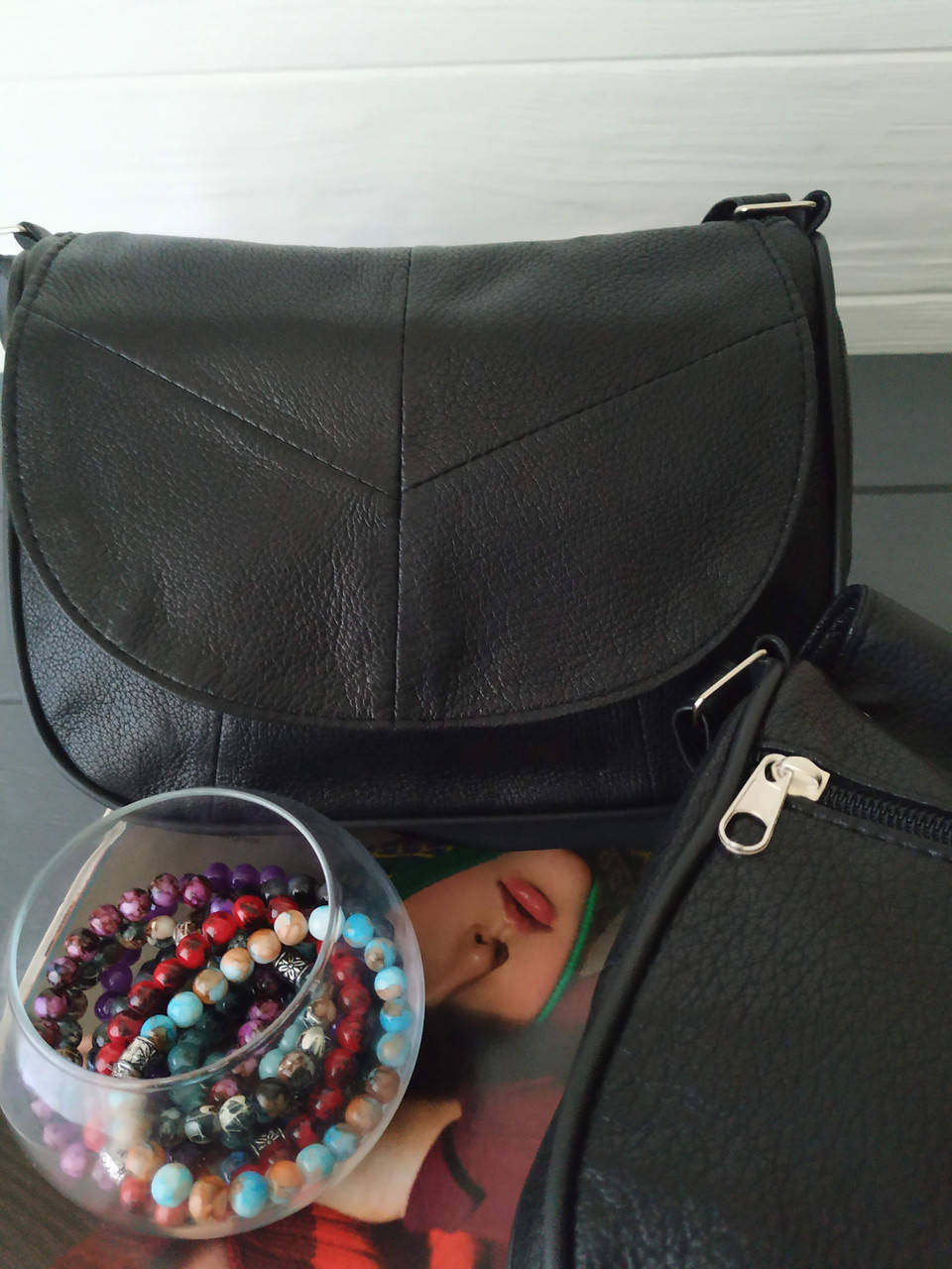 

Женская сумочка через плечо кросс боди чёрная натуральная фактурная кожа Турция, Черный