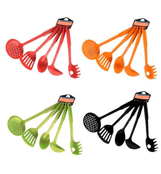 

Набор кухонный пластик 5пр(шумовка,половник,лопатка,ложка для спагетти,ложка)цветные Vesta