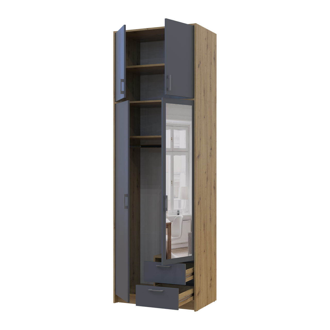 Шафа для одягу Doros Ронді з високою антресолею та дзеркалом Дуб Артізан/Графіт 2 ДСП 82х52х260 (42005189) 2