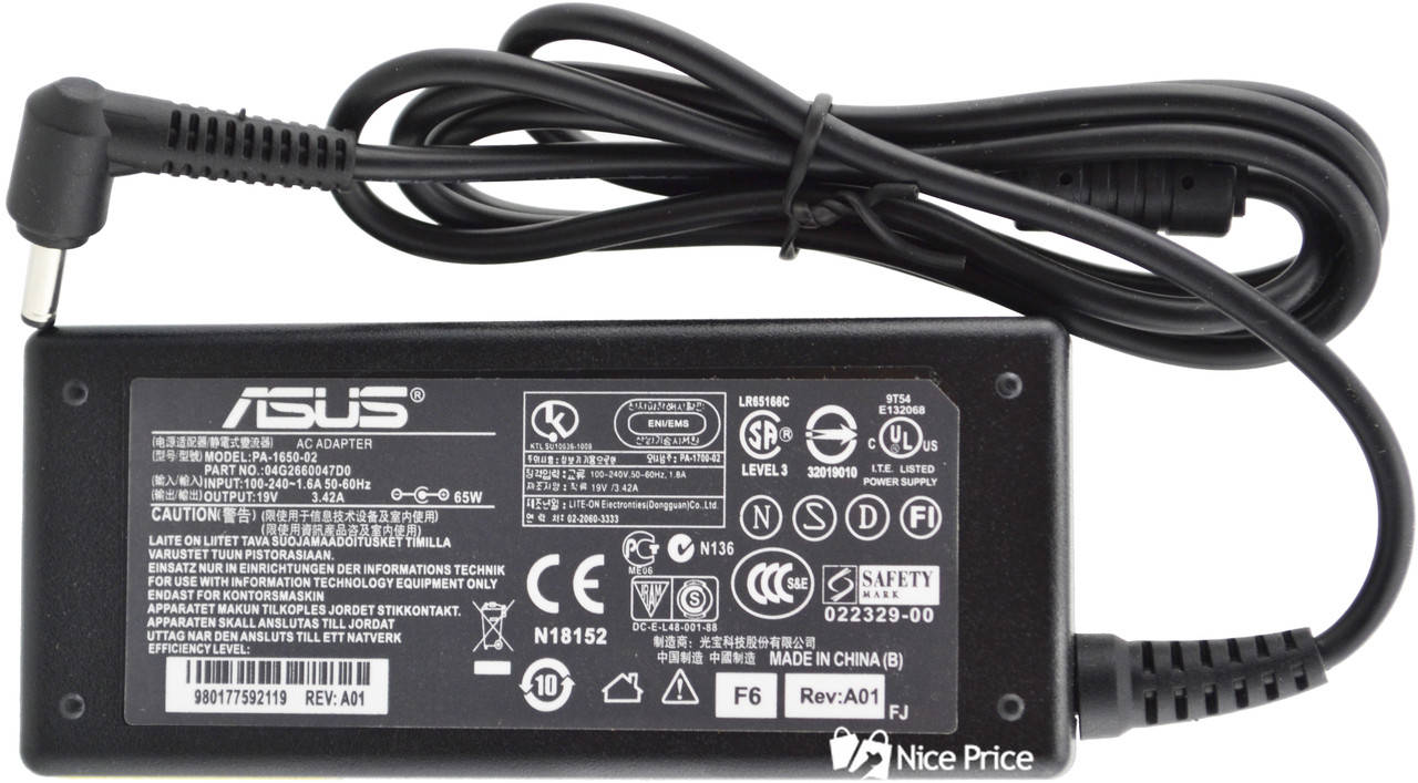 

Блок питания для ноутбука Asus 19V 3.42A 65W 4.0x1.35 мм + кабель питания (3086)