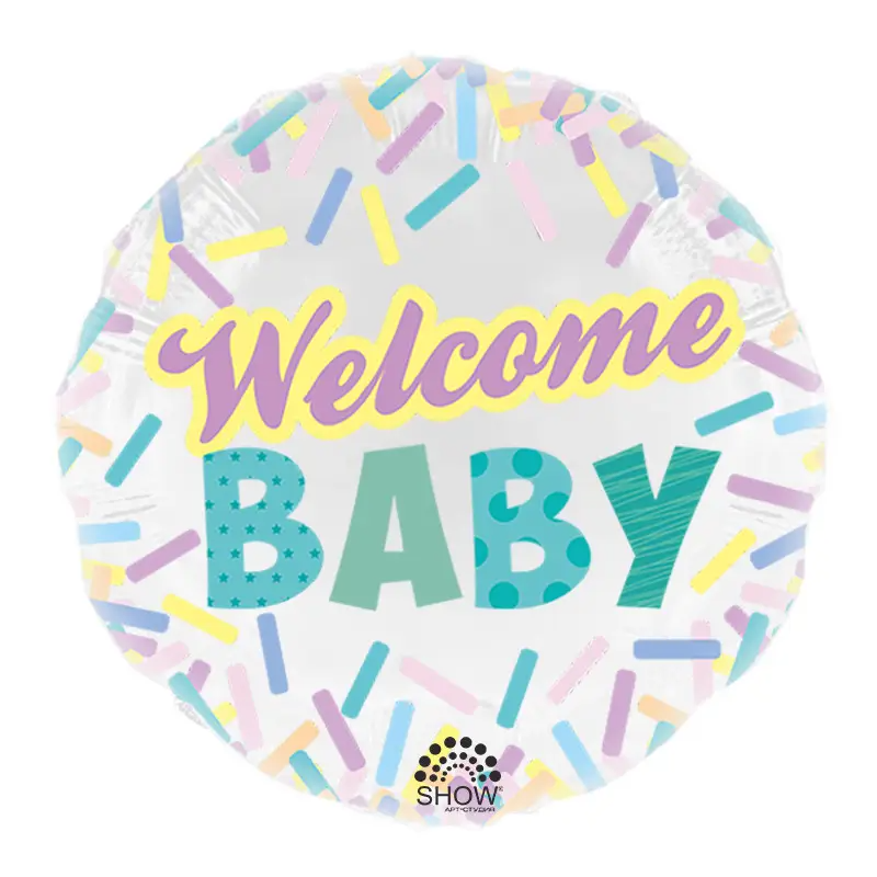 

Фольгированный круглый шар Art Show Welcome baby, шарики на выписку из роддома 18", Разные цвета