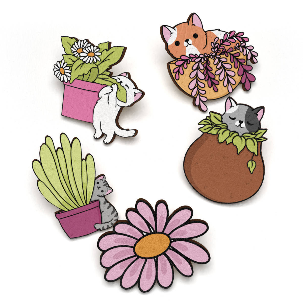 

Набор деревянных значков на одежду (Котики и горшочки #2) пины из фанеры, брелок, брошь из дерева