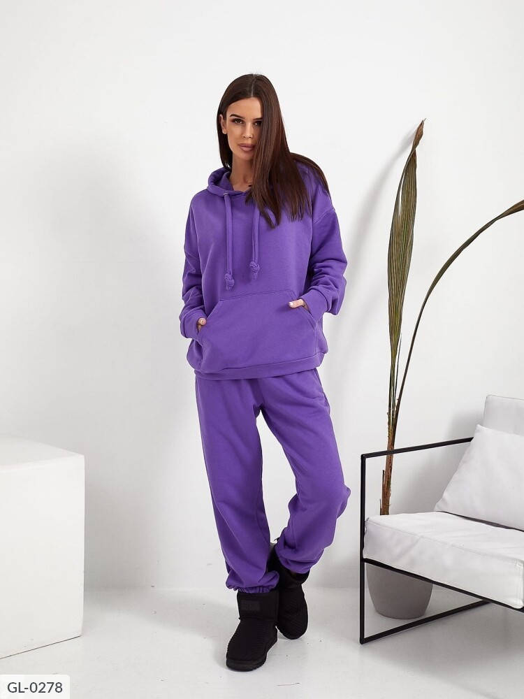 

Натуральный спортивный костюм женский петля коттон удлиненное худи свободного кроя оверсайз и штаны арт 856, Фиолетовый