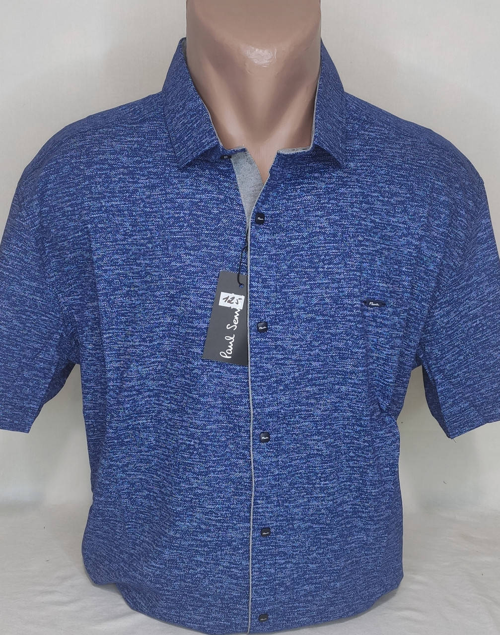 

Рубашка мужская с коротким рукавом батальная Paul Smith vk-0125 синяя в принт стрейч коттон Турция, тенниска, Синий