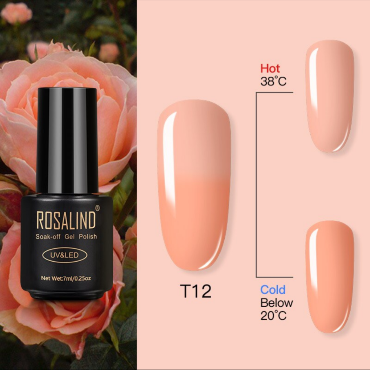 

Термо Гель лак Rosalind с термоэффектом 7мл. Термолак с блестками Персиковый 12