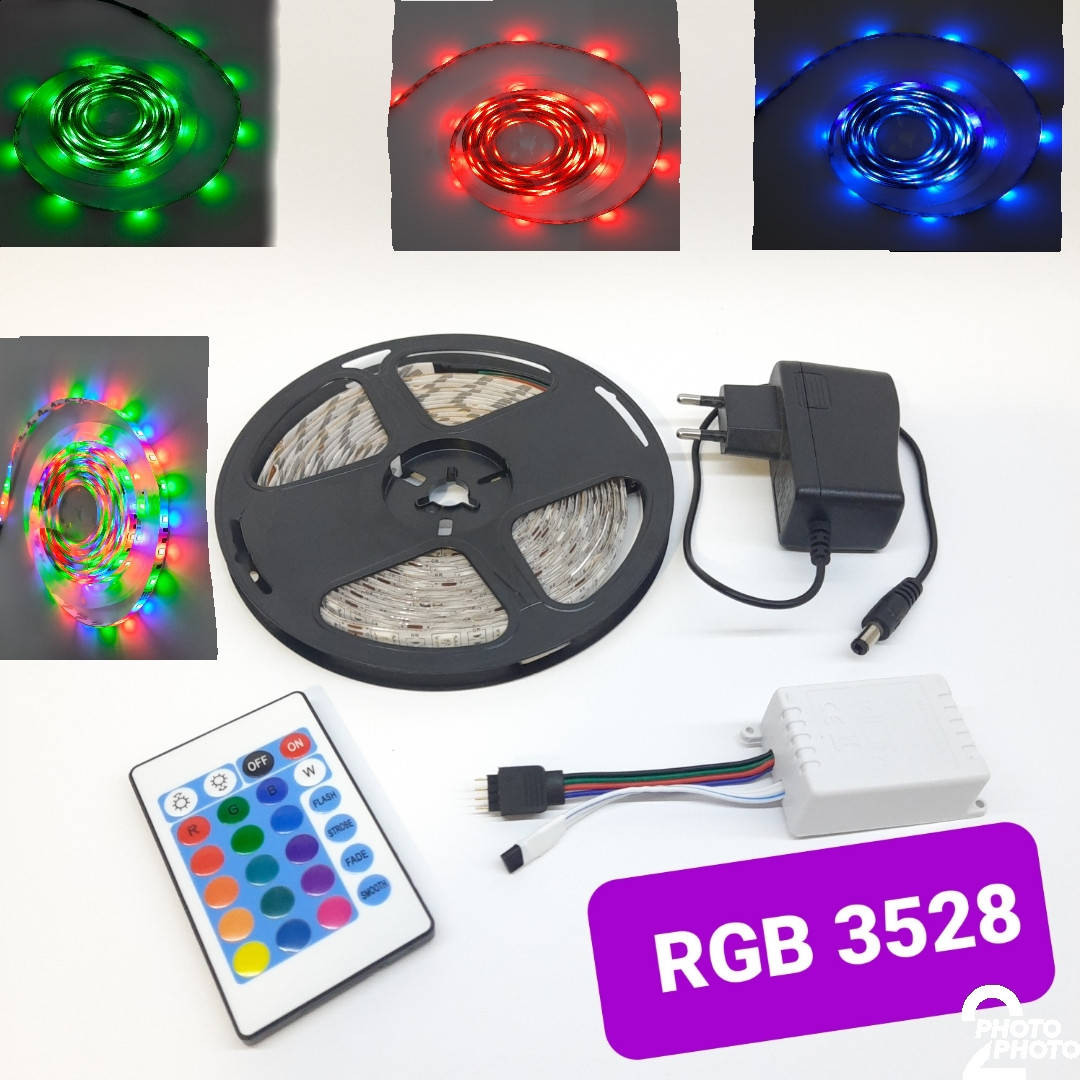 

Светодиодная разноцветная лента RGB 3528 LED 5м с пультом ДУ и Блоком питания уличная Гирлянда
