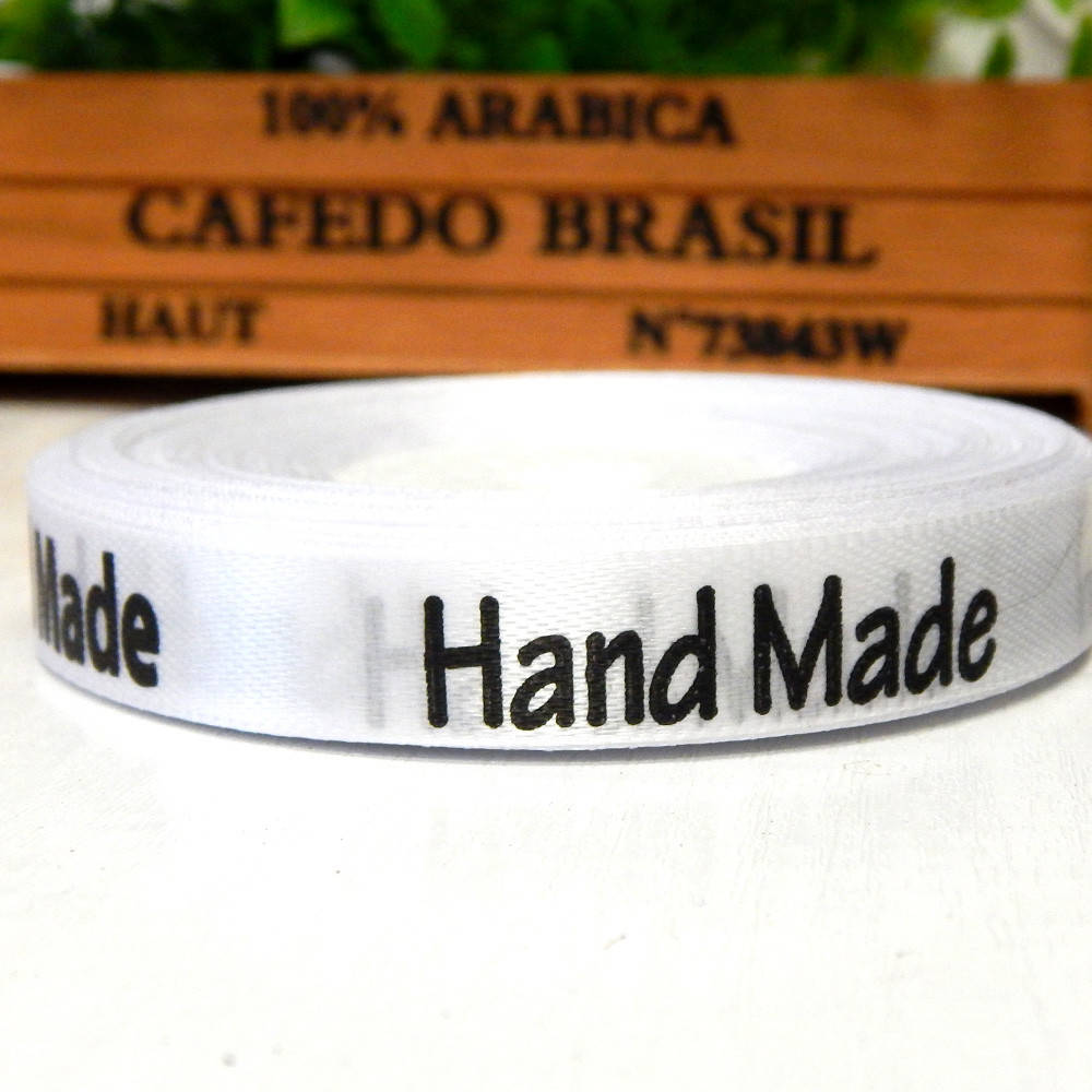 

Атласная лента 1,2 см с надписью Handmade, белая, Белый