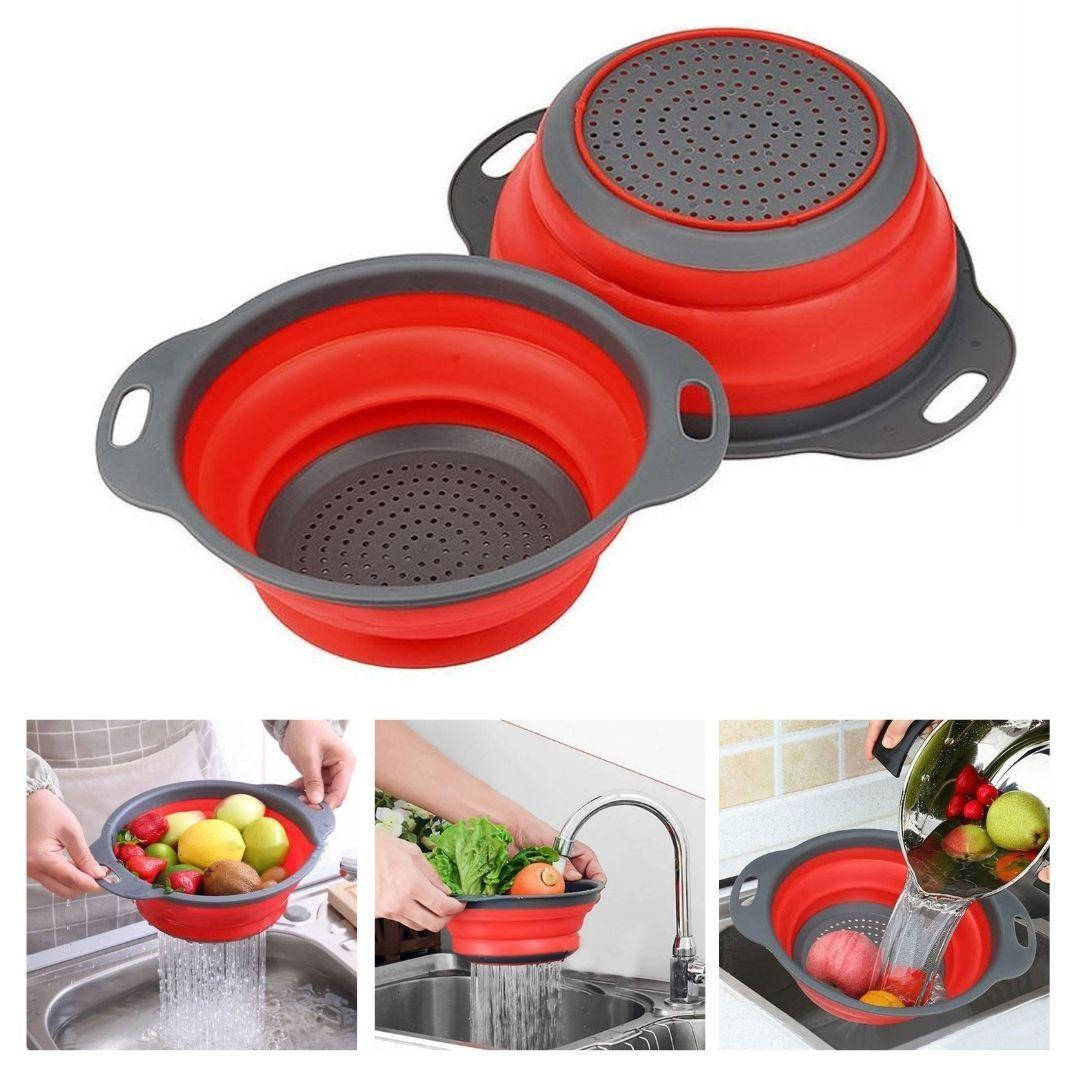 

Дуршлаг силиконовый складной SiliconGoods 22х3-9 см с ручками красно-серый, Красный