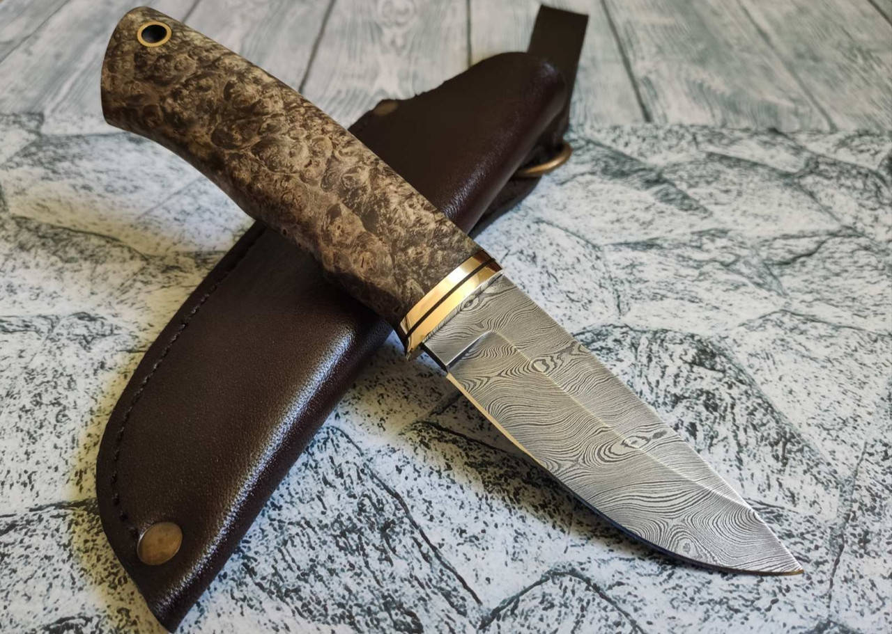 

Нож ручной работы из дамасской стали с рукоятью из капа клёна "Дух",192мм