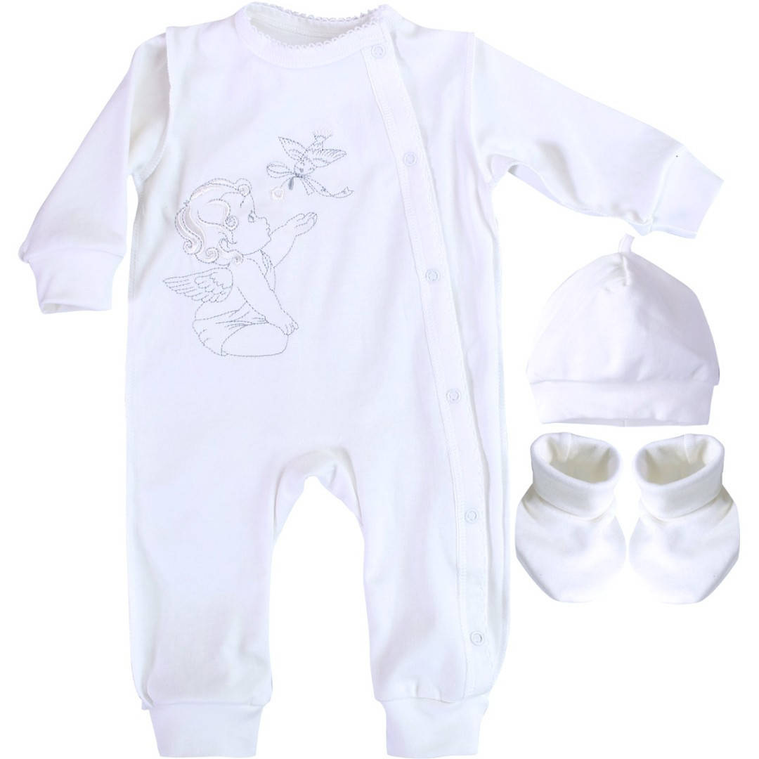 

Человечек для крещения мальчика с вышивкой ангела с пинетками и шапочкой, Ладан белый, 20